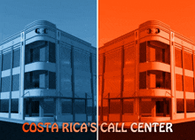 the costa rica 's call center is shown on a blue and orange background