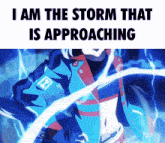 a girl in a blue jacket is surrounded by lightning and the words i am the storm that is approaching