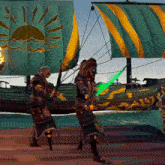a man holding a green sword stands in front of a sailboat