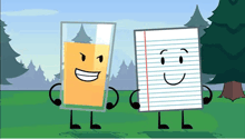 a paper and a glass of orange juice are standing next to each other in a field .