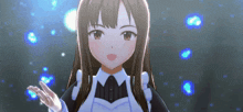 a girl with long brown hair is wearing a maid costume