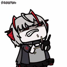 a cartoon character with horns and a straw in her mouth is making a funny face .