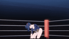 a woman in a blue leotard is standing in a boxing ring