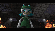 a cartoon character wearing a green apron and a green hat has a name tag that says ' fox '