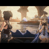 two anime girls are sitting in a boat on a body of water