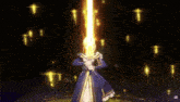 a girl with blonde hair is holding a golden sword in her hands .