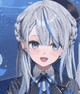 a girl with long white hair and blue eyes is wearing a hat