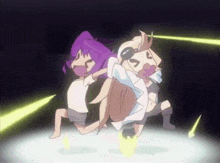 a cartoon of a girl with a purple hair and a girl with a white shirt