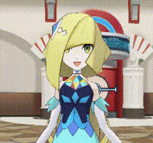 a cartoon girl with long blonde hair is standing in front of a building .
