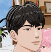 a close up of a cartoon character 's face with a pink haired girl behind him .