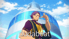 a man with purple hair is standing in front of a building with the word dudabeat written on it