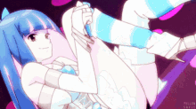 a drawing of a girl with blue hair and striped thigh high socks by yellow sanie