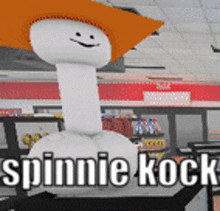 a cartoon character wearing an orange hat and the words spinnie rock