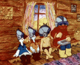 a group of cartoon characters wearing headphones are sitting on the floor in front of a window