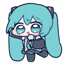 a cartoon of a girl with blue hair holding a microphone .