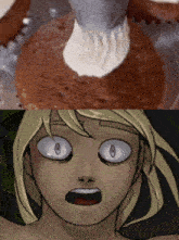 a close up of a cupcake with frosting and a woman 's face with a surprised look on her face