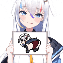 a girl with white hair and blue eyes is holding up a picture of a girl in a school uniform