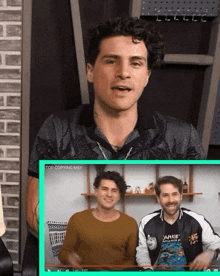 two men are sitting in front of a green screen that says " stop copying men "