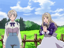 two anime girls are standing in a field with mountains in the background