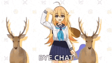 a girl in a school uniform is standing in front of two deer and giving a peace sign .