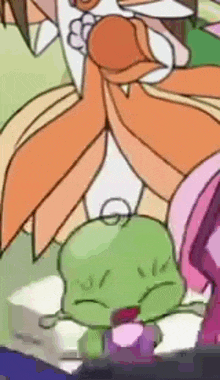 a close up of a cartoon character 's face with a green head .