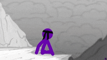 a purple stick figure with a black belt is standing on top of a snowy mountain .