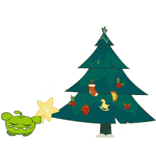 reaching for the top om nom cut the rope trying to put on the star decorating the christmas tree