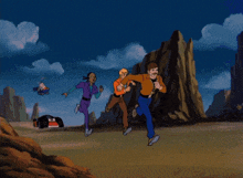 a group of cartoon characters running in a field