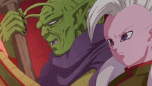 a cartoon drawing of a man and a girl with a purple hair