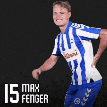 a man in a blue and white striped shirt with the number 15 on the bottom