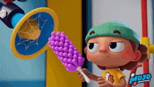 a cartoon character is holding a purple duster with the word mojo on the bottom