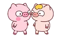 two pink pigs are standing next to each other and kissing each other .