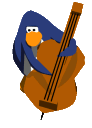 a penguin is holding a violin with a blue hat on .