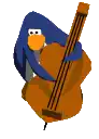 a penguin is holding a violin with a blue hat on .
