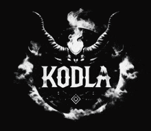 a black and white image of a demon with horns and the word koda