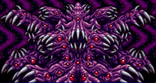 a pixel art drawing of a monster with red eyes