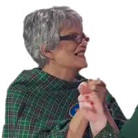 an elderly woman wearing glasses and a green plaid shirt applauds