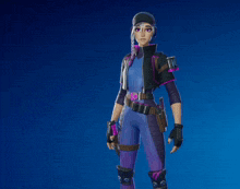 a woman in a purple and black outfit with headphones