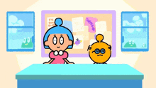 two cartoon characters are sitting at a table in front of a bulletin board that says " fix your glue "