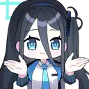 a cartoon girl with long black hair and blue eyes is wearing a blue tie .