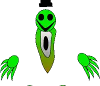 a green cartoon character with a smiley face and a top hat on .