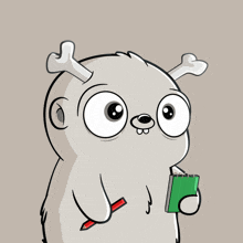 a cartoon drawing of a monster holding a pencil and a notebook