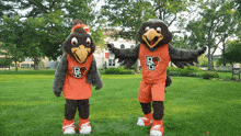 a couple of mascots with the letter b on their outfits