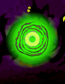 a cartoon drawing of a green swirl with a purple background