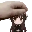 a hand is holding a cartoon girl 's head in a pixel art style .
