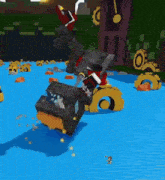 a video game is being played on a blue surface with a lot of gears