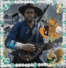 a man in a cowboy hat is playing a guitar with a squirrel playing a banjo