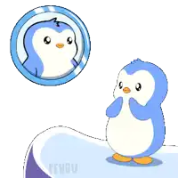 a cartoon penguin looking at its reflection in a mirror with the word pengu on the bottom