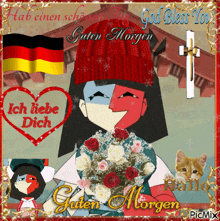 a picture of a woman holding a bouquet of flowers with the words guten morgen
