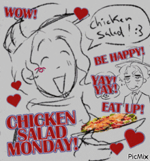 an advertisement for chicken salad monday with a drawing of a man and a woman